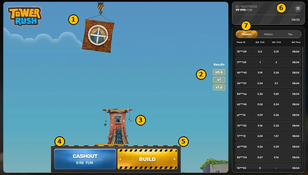 Tower Rush antarmuka dengan nomor 1 sampai 7: crane, Results, menara, CASHOUT, BUILD, saldo dan tab Players Tower Rush antarmuka dengan nomor 1 sampai 7: crane, Results, menara, CASHOUT, BUILD, saldo dan tab Players
